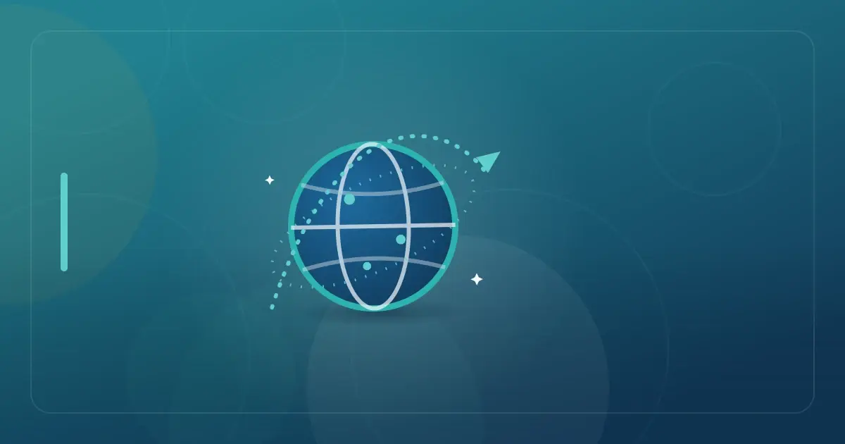 Editorial illustration in navy and teal showing a globe with an orbiting flight path, representing the article "Best States for Tax Domicile: 2026 Guide for Expats & Nomads".