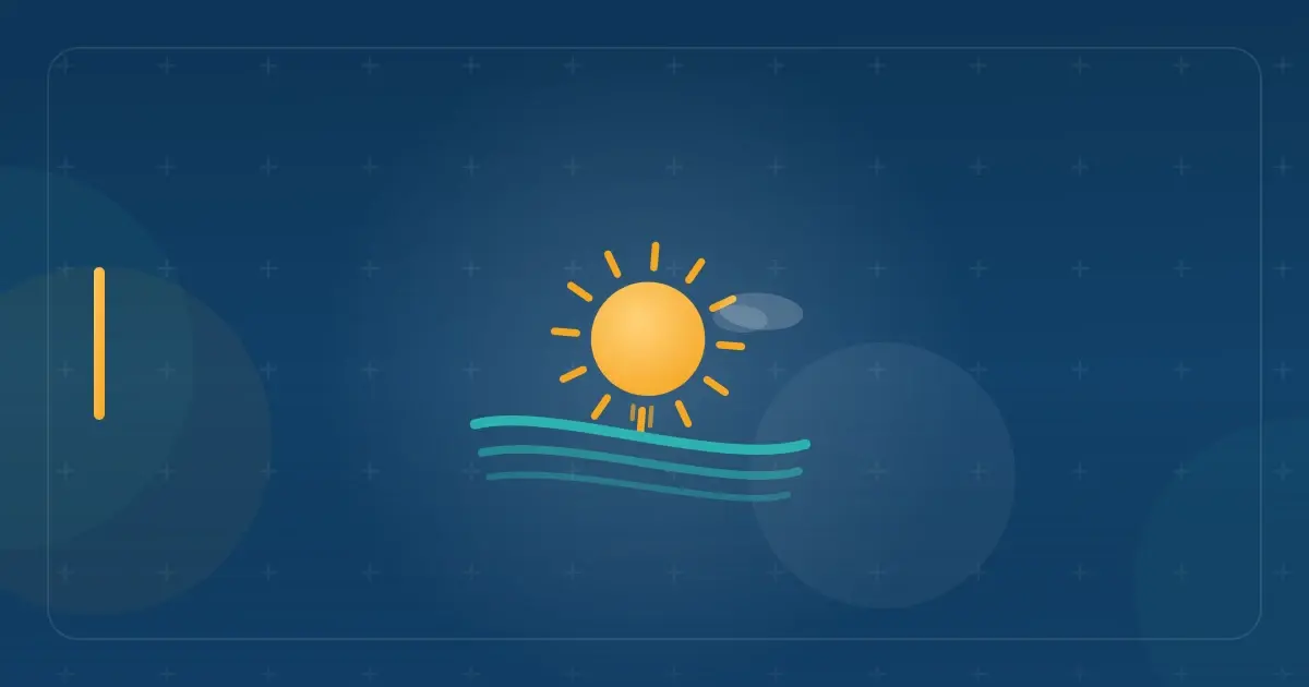 Editorial illustration in navy and teal showing a sun setting over a coastline with gentle waves, representing the article "How to Become a Florida Resident in 2026 [Complete Guide]".