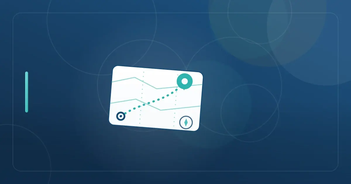 Editorial illustration in navy and teal showing a stylized map with a travel route between two location pins, representing the article "How to Leave New Jersey Residency: Complete 2026 Exit Guide".