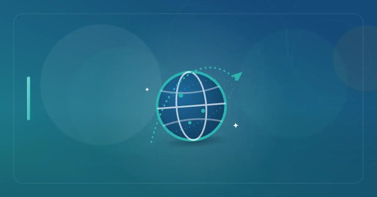 Editorial illustration in navy and teal showing a globe with an orbiting flight path, representing the article "How to Establish Texas Domicile as an Expat".