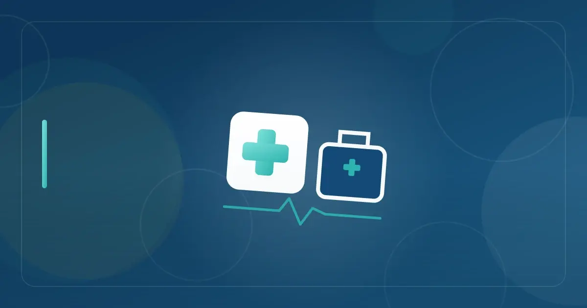 Editorial illustration in navy and teal showing a medical cross beside a travel case with a heartbeat line, representing the article "Travel Nurse Tax Home Explained: The Complete IRS Guide for 2026".