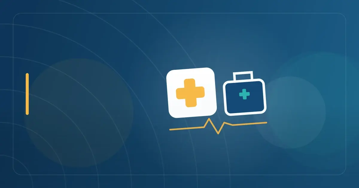 Editorial illustration in navy and teal showing a medical cross beside a travel case with a heartbeat line, representing the article "Tax Home and Domicile Considerations for Travel Nurses".