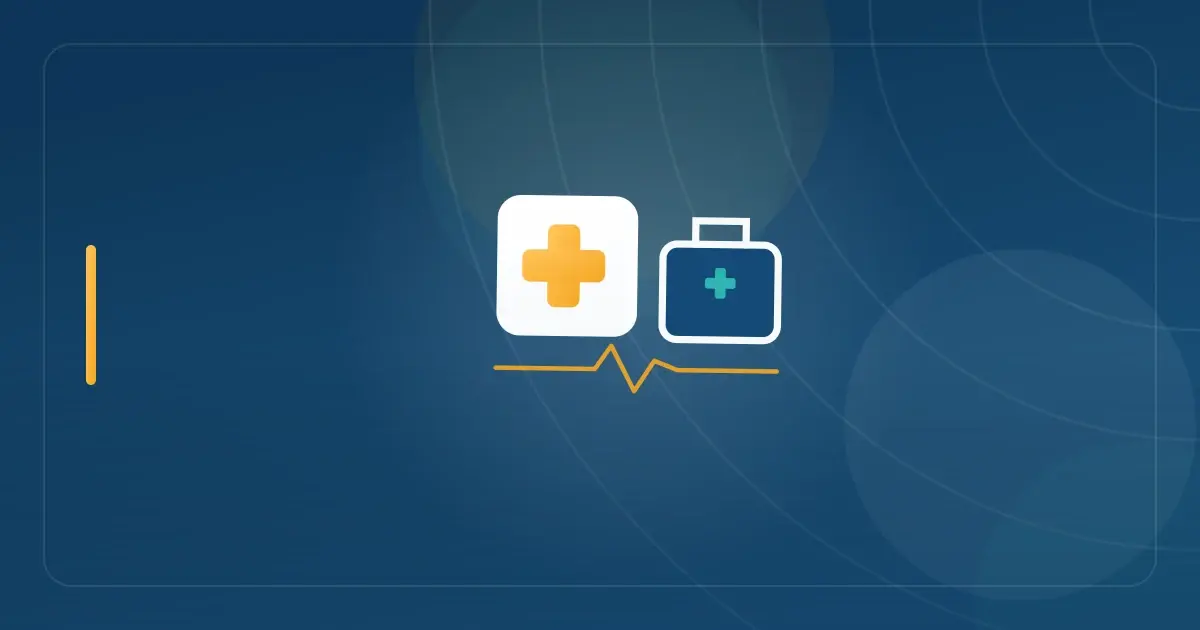 Editorial illustration in navy and teal showing a medical cross beside a travel case with a heartbeat line, representing the article "Travel Nurse Tax Home Requirements Explained".