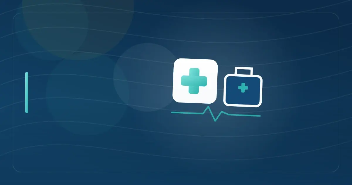 Editorial illustration in navy and teal showing a medical cross beside a travel case with a heartbeat line, representing the article "Travel Nurse Tax Questions Answered: Tax Home, Stipends & State Taxes".