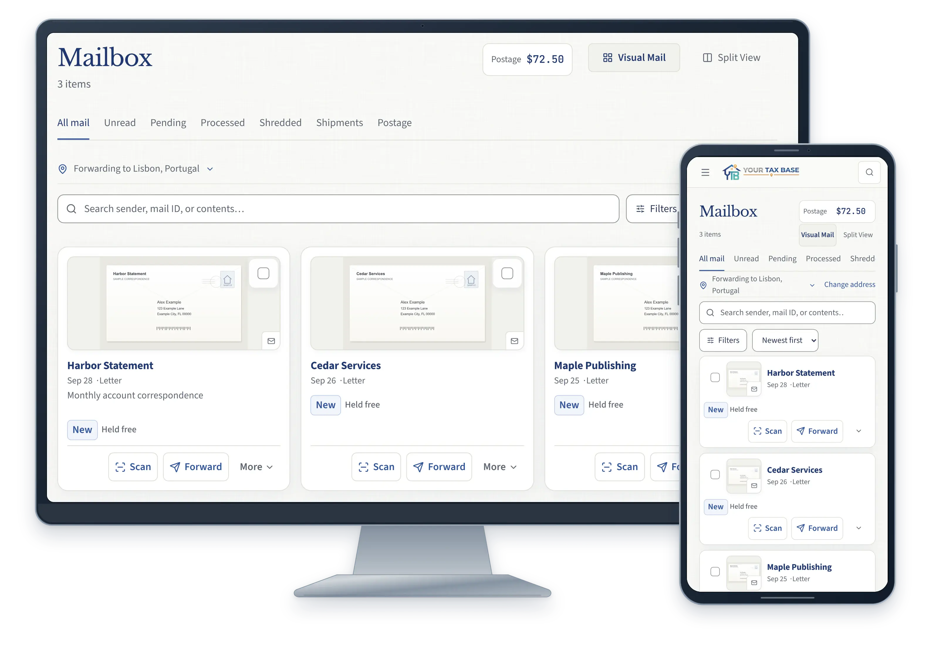 Your Tax Base mailbox with sample letters and controls for scanning and forwarding.