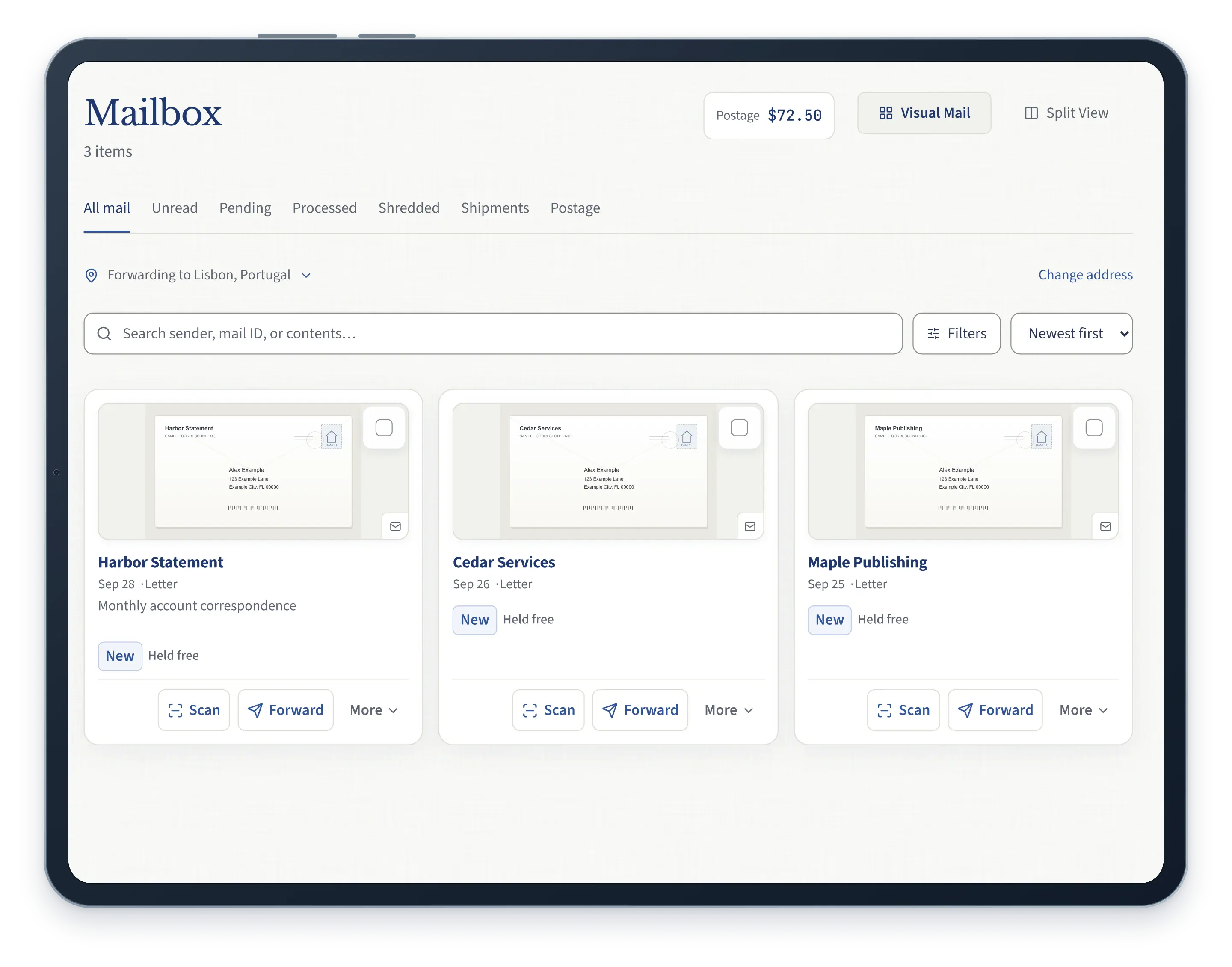 Sample mail organized in the Your Tax Base dashboard.