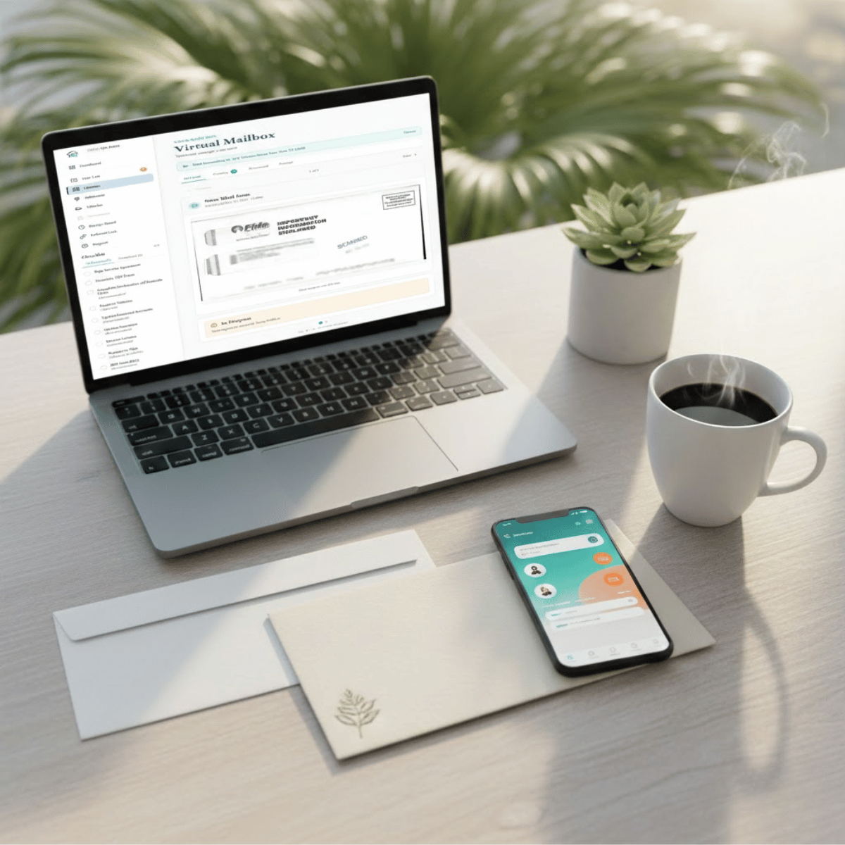Virtual mailbox service illustration showing physical mail being scanned and managed digitally from anywhere in the world