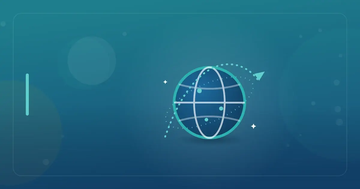 Editorial illustration in navy and teal showing a globe with an orbiting flight path, representing the article "How to Change U.S. State Residency While Living Abroad".
