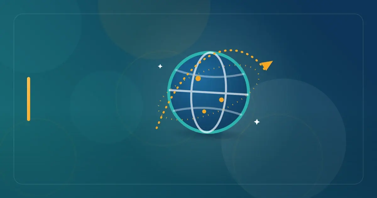 Editorial illustration in navy and teal showing a globe with an orbiting flight path, representing the article "Digital Nomad Taxes 2026: Complete Guide for Americans".