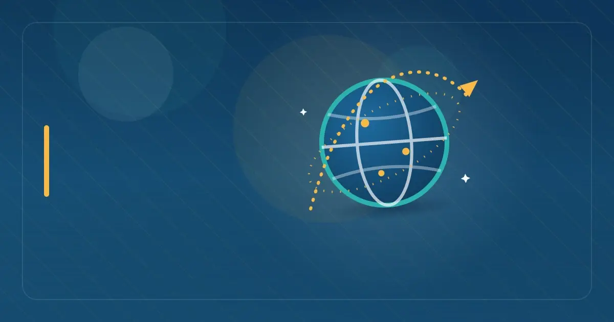 Editorial illustration in navy and teal showing a globe with an orbiting flight path, representing the article "Florida Residency for Digital Nomads: Complete 2026 Guide".