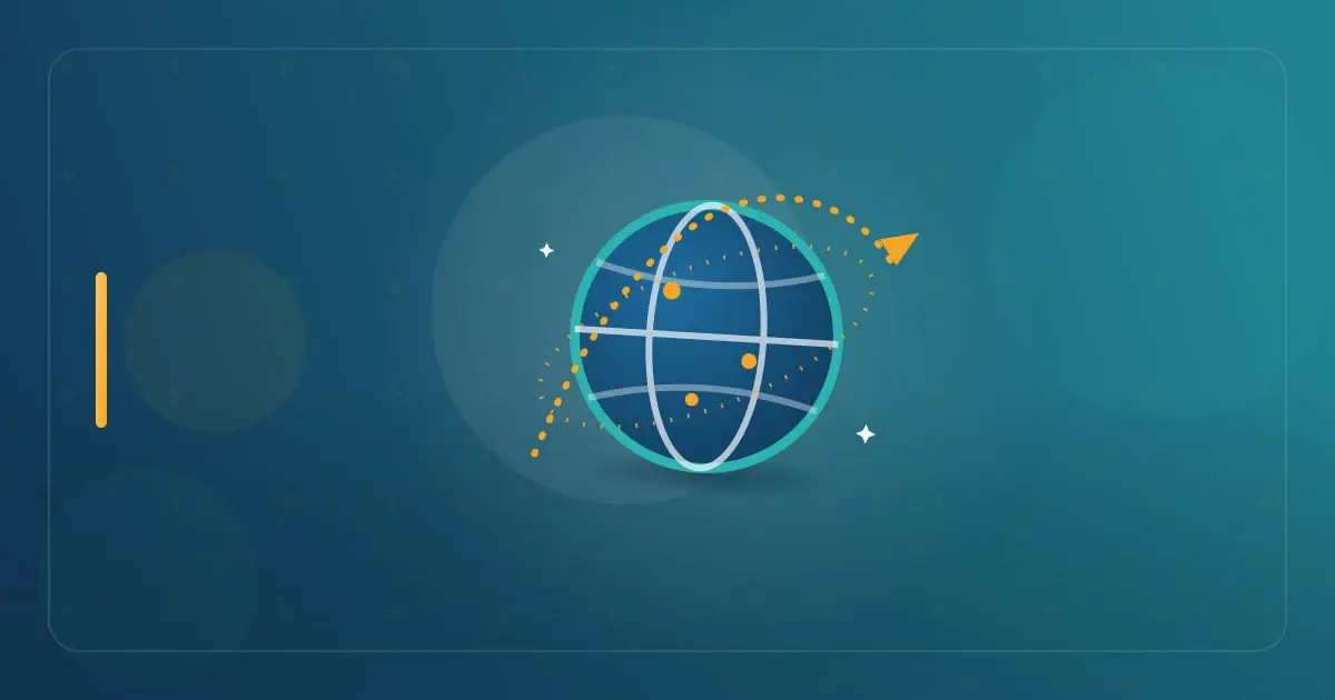Editorial illustration in navy and teal showing a globe with an orbiting flight path, representing the article "Foreign Earned Income Exclusion 2026: Exclude $132,900".