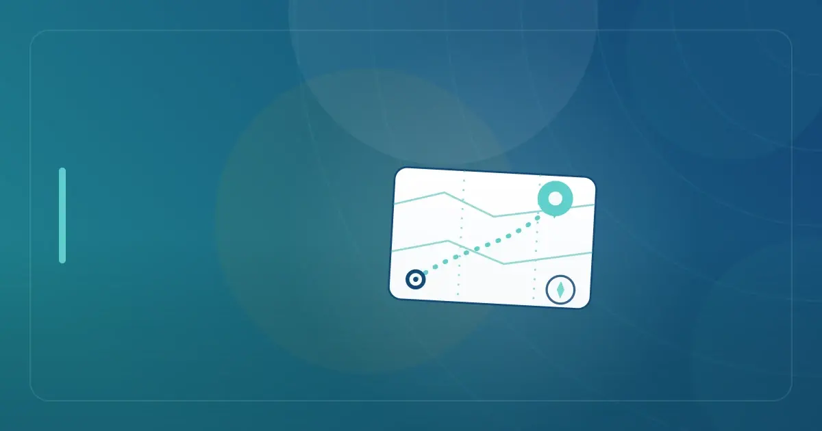 Editorial illustration in navy and teal showing a stylized map with a travel route between two location pins, representing the article "How to Leave California Residency: Complete 2026 Exit Guide".