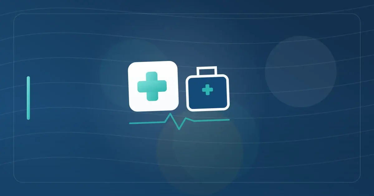 Editorial illustration in navy and teal showing a medical cross beside a travel case with a heartbeat line, representing the article "IRS Audit Defense: What Travel Nurses Need to Know".