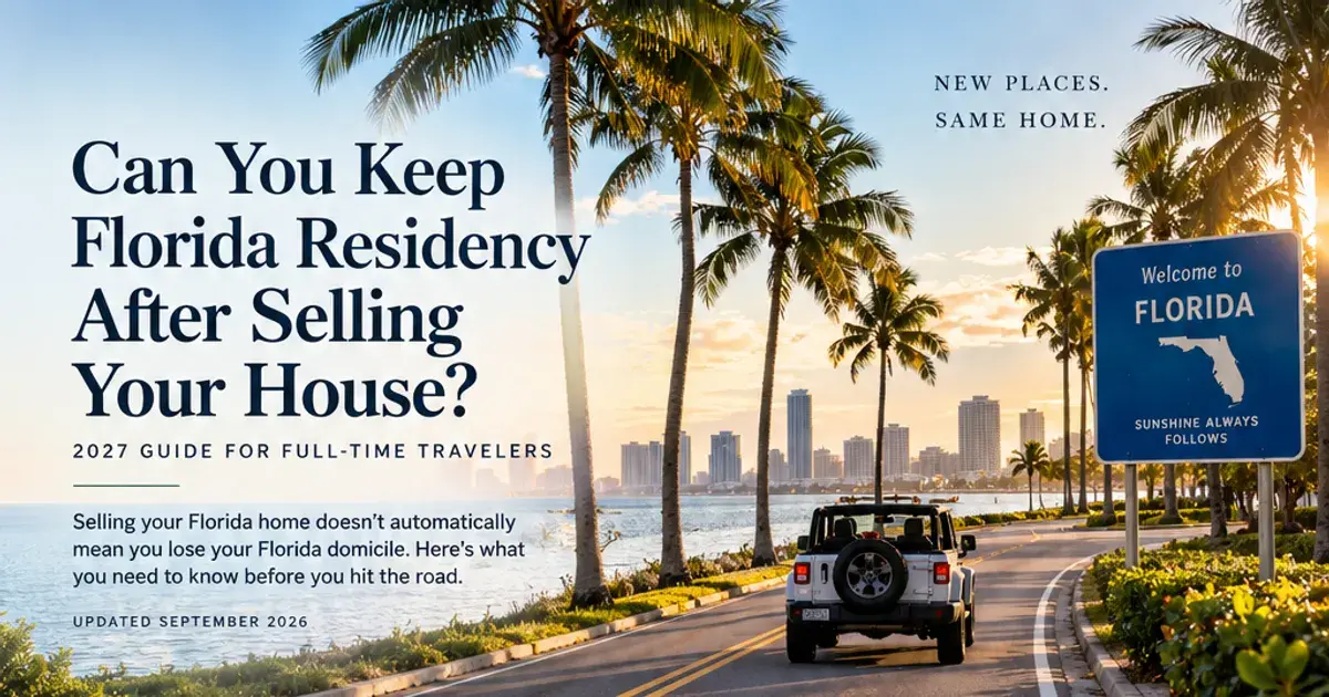 A car on a palm-lined Florida coastal road heading toward a Welcome to Florida sign, under the headline: Can You Keep Florida Residency After Selling Your House? 2027 Guide for Full-Time Travelers.
