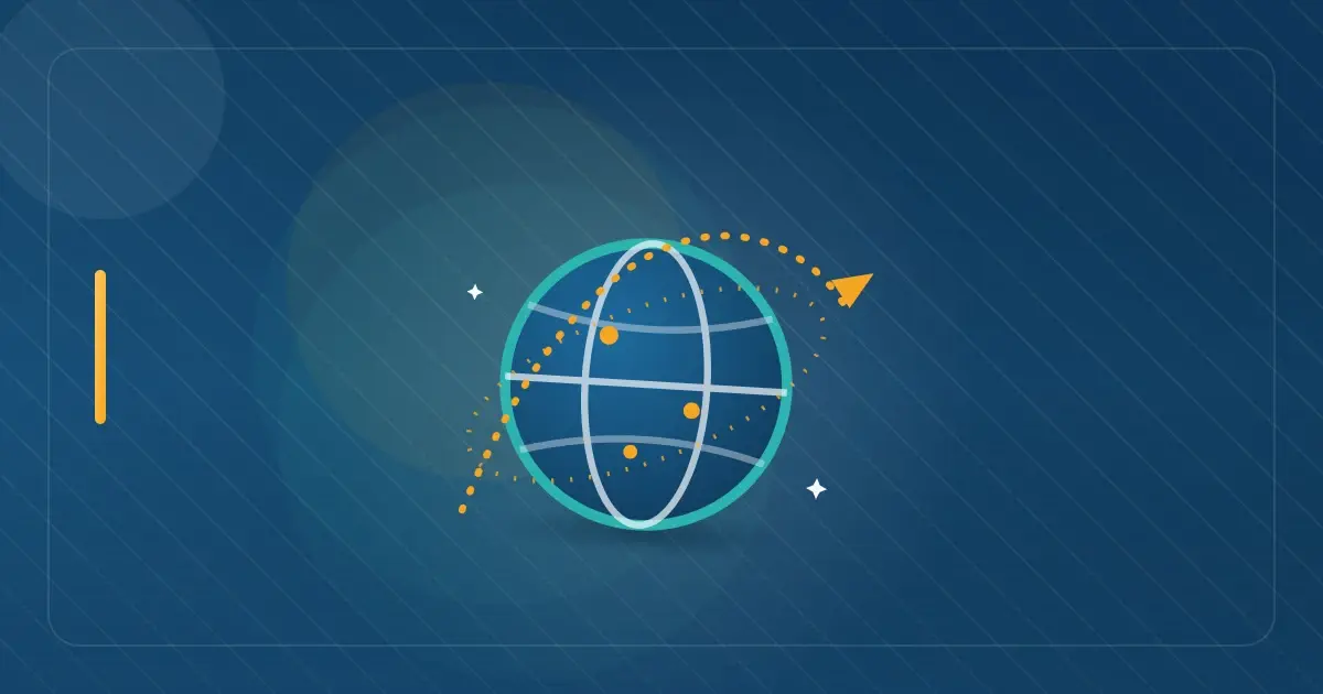 Editorial illustration in navy and teal showing a globe with an orbiting flight path, representing Americans living overseas trying to execute and notarize United States documents from abroad