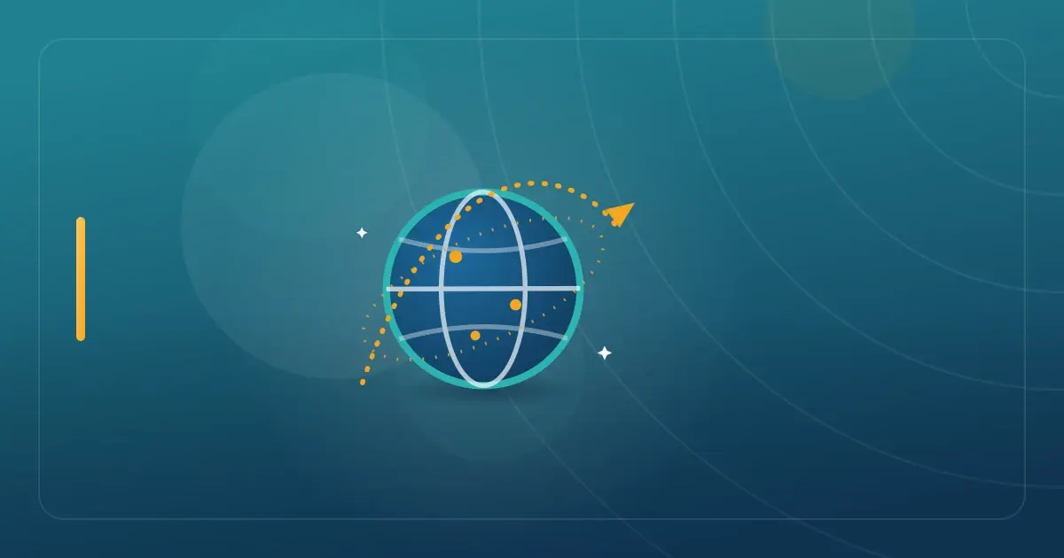 Editorial illustration in navy and teal showing a globe with an orbiting flight path, representing the article "South Dakota Residency Guide for Digital Nomads 2026: Easiest Zero-Tax State".