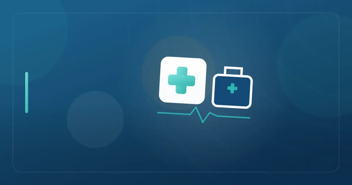 Editorial illustration in navy and teal showing a medical cross beside a travel case with a heartbeat line, representing the article "Travel Nurse Tax Home at Parents' House: The Complete IRS Compliance Guide".