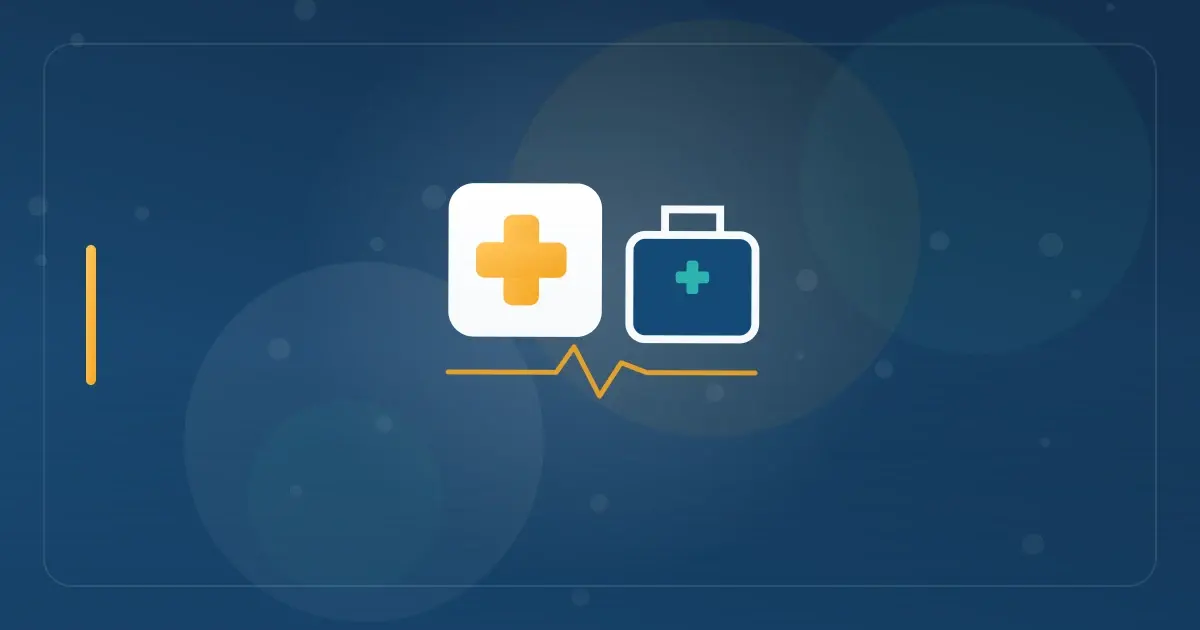 Editorial illustration in navy and teal showing a medical cross beside a travel case with a heartbeat line, representing the article "Understanding Tax Home Requirements for Travel Nurses".