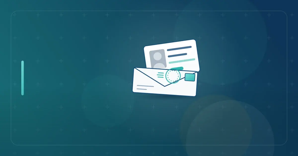 Editorial illustration in navy and teal showing a driver license card behind a franked overseas envelope, representing renewing a US driver license from abroad.