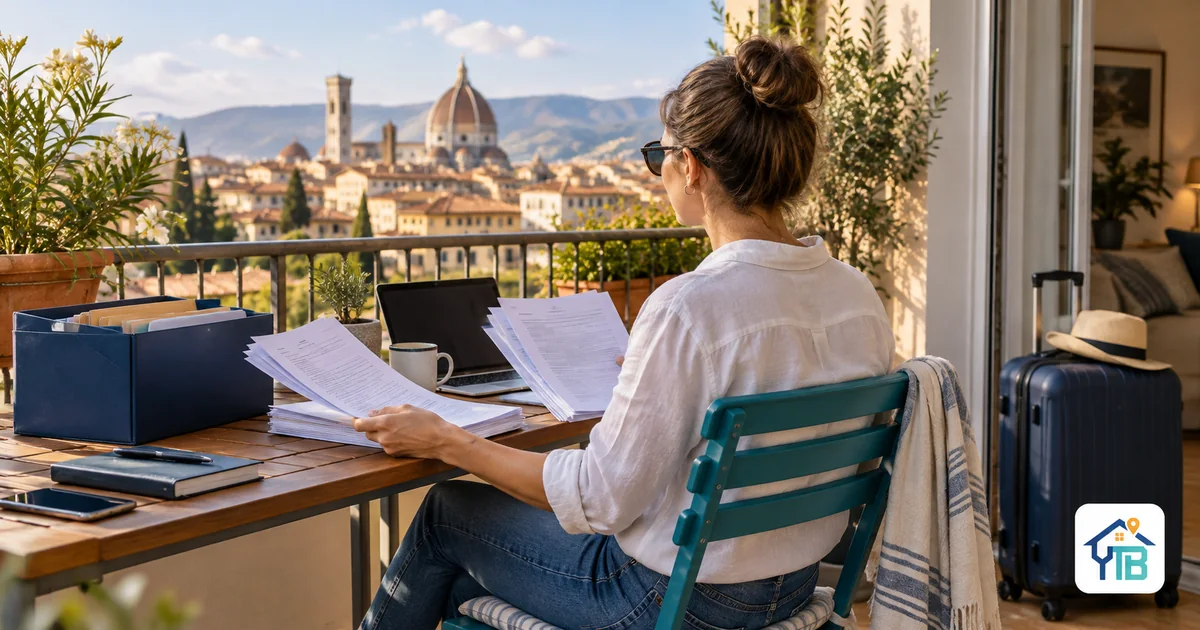 A person organizing documents at an apartment table overlooking Florence.