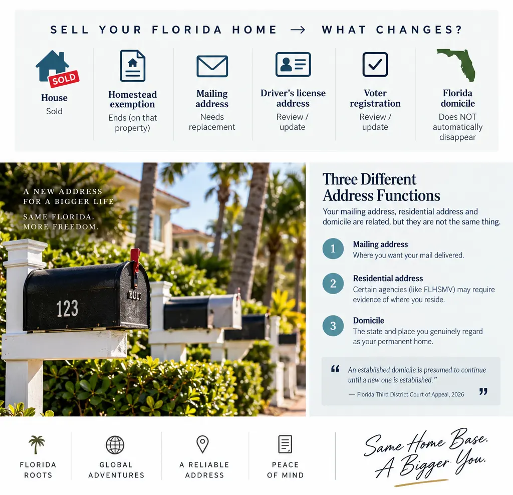 Infographic: what changes when you sell your Florida home and travel full time. The house is sold and the homestead exemption ends on that property; the mailing address needs replacement; the driver license address and voter registration need review; Florida domicile does not automatically disappear. A second panel separates three address functions: mailing address, residential address, and domicile.