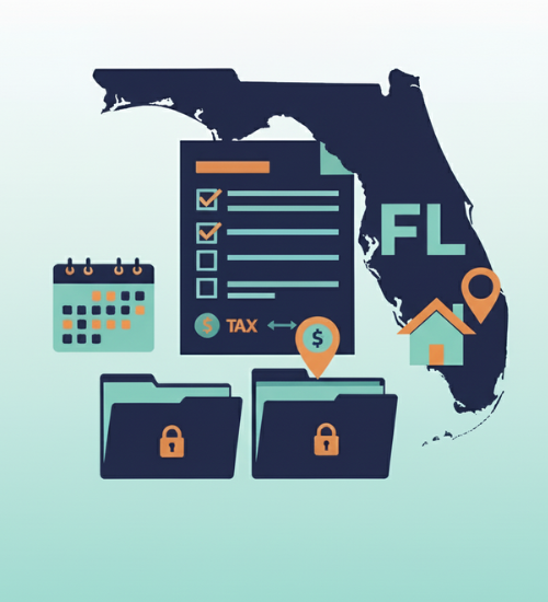 Tax compliance and organization illustration showing documents, checkmarks, and organized tax home management