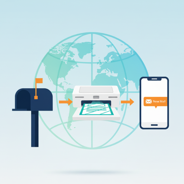 Mail forwarding service illustration showing physical mailbox to digital scan to mobile device flow