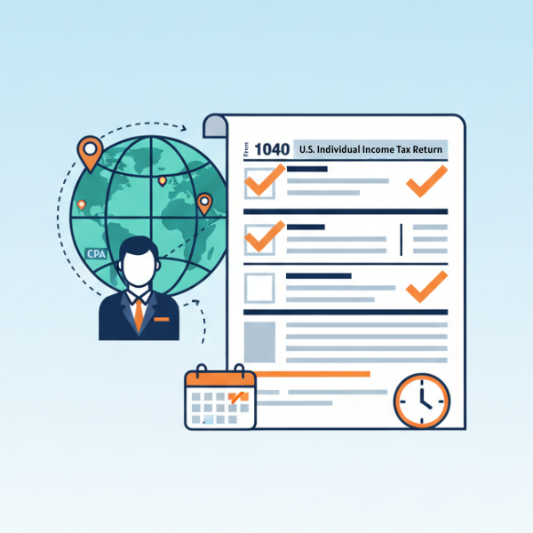 Tax filing for Americans abroad illustration showing tax forms, globe, CPA professional, and international tax compliance